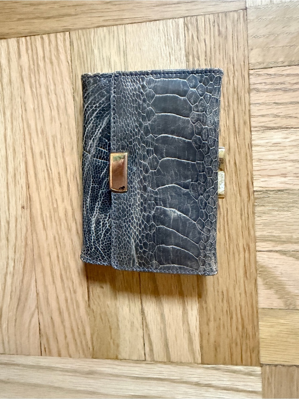 Vintage 1950s Grey Ostrich Leather Card Wallet with Gold Accent